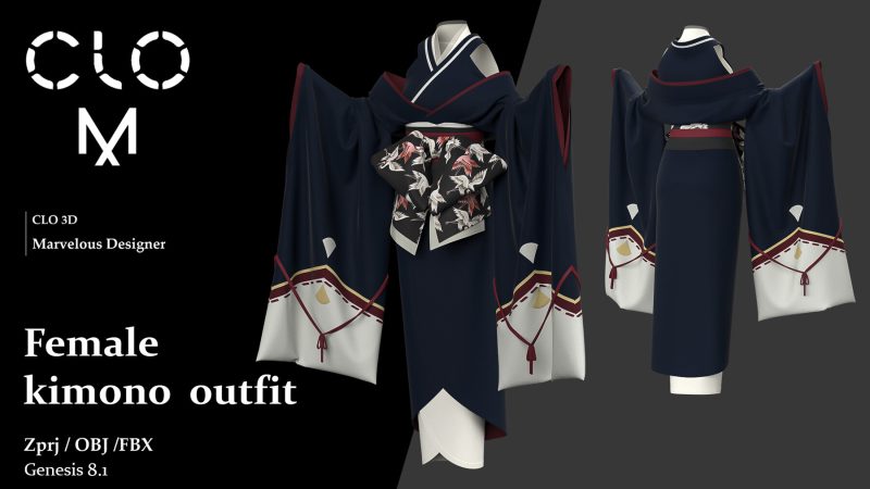 日式八嘎和服 Female kimono outfit _ Marvelous Designer_Clo3D project file + OBJ-土狗cg资源站