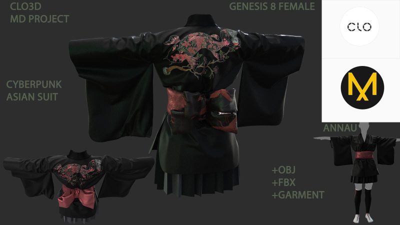 女士和服   GENESIS 8 FEMALE CYBERPUNK ASIAN SUIT_ CLO3D, MARVELOUS DESIGNER PROJECT+GARMENT_ +OBJ +FBX-土狗cg资源站