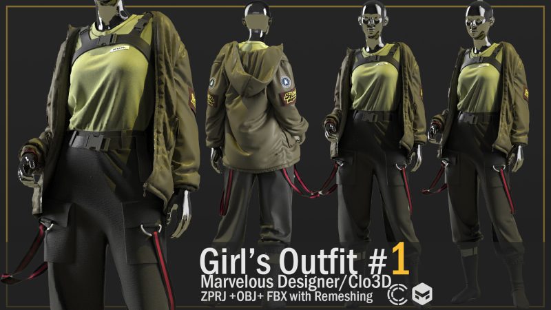 时尚衣帽衫 Girl's Outfit 1-MD and Clo3D Project Files(ZPRJ)+OBJ+FBX With Remeshing And texture-土狗cg资源站