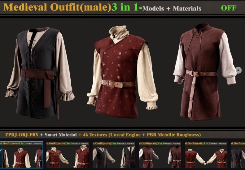 3 合 1 中世纪服装-MALE-MD-OBJ - FBX - 材质 - 纹理-土狗cg资源站